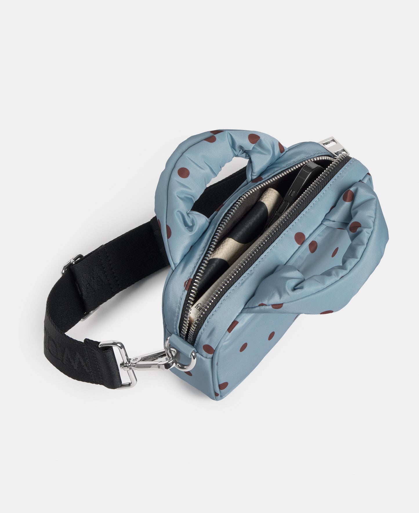 Interior of the mini bag with brown polka dots on a light blue background - Wouf