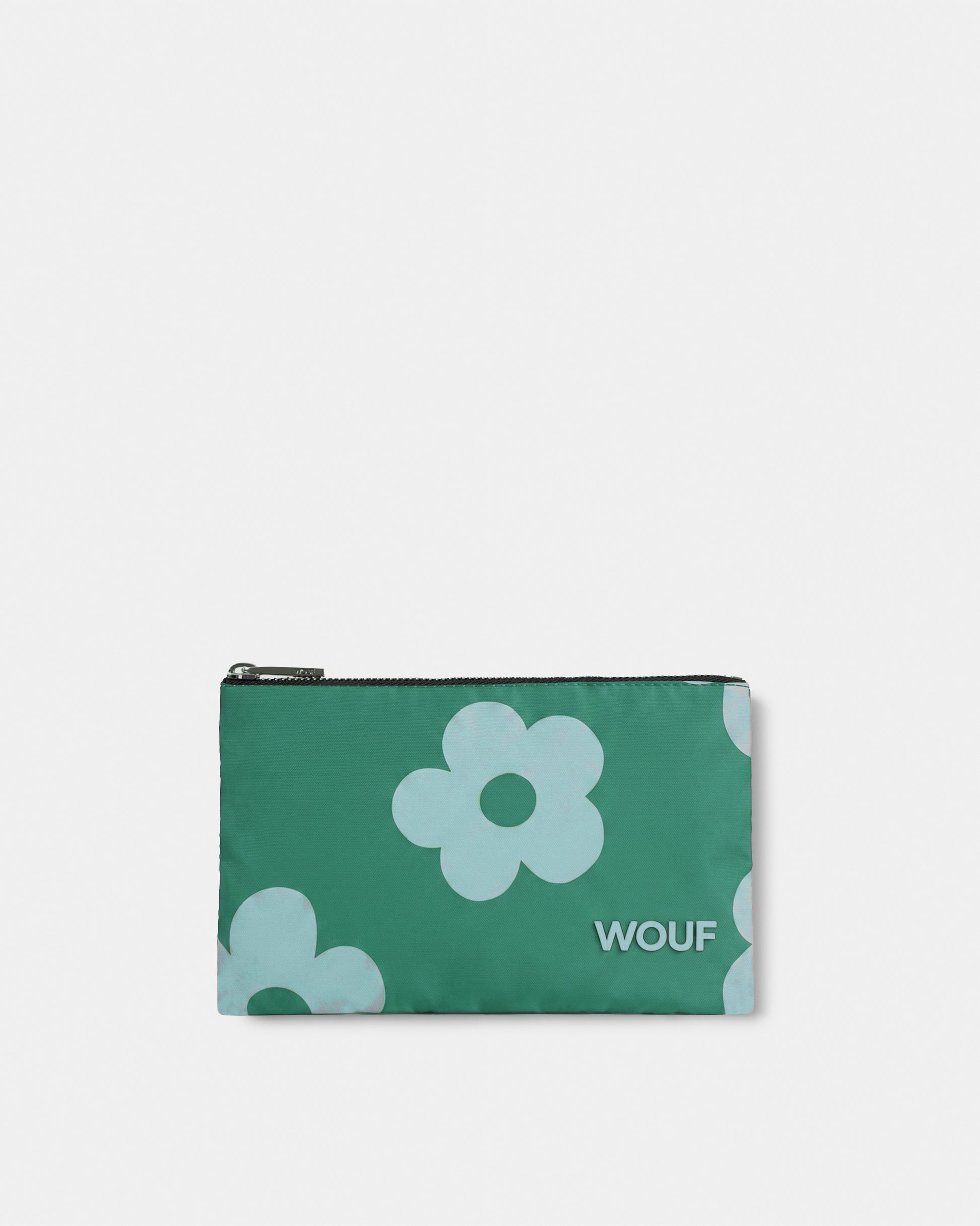 Pouch bag with mint blue daisy print on a green background - Wouf