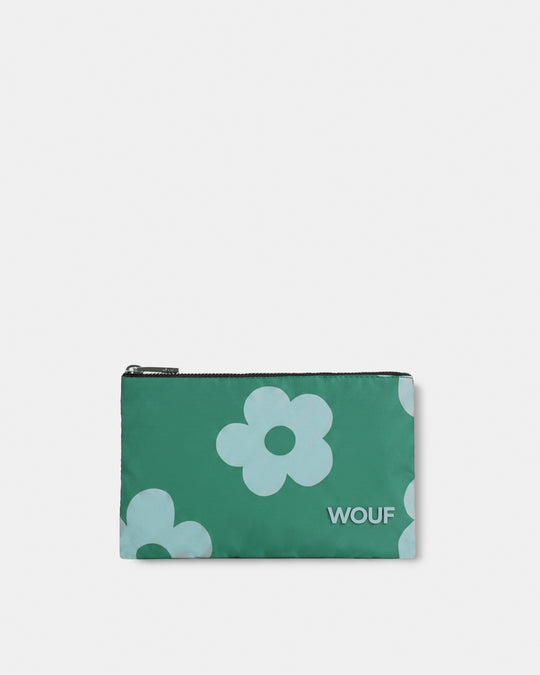 Pouch bag with mint blue daisy print on a green background - Wouf