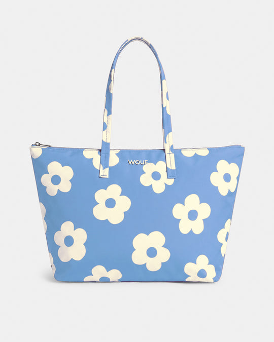 Shopper bag with cream daisy print on a light blue background - Wouf