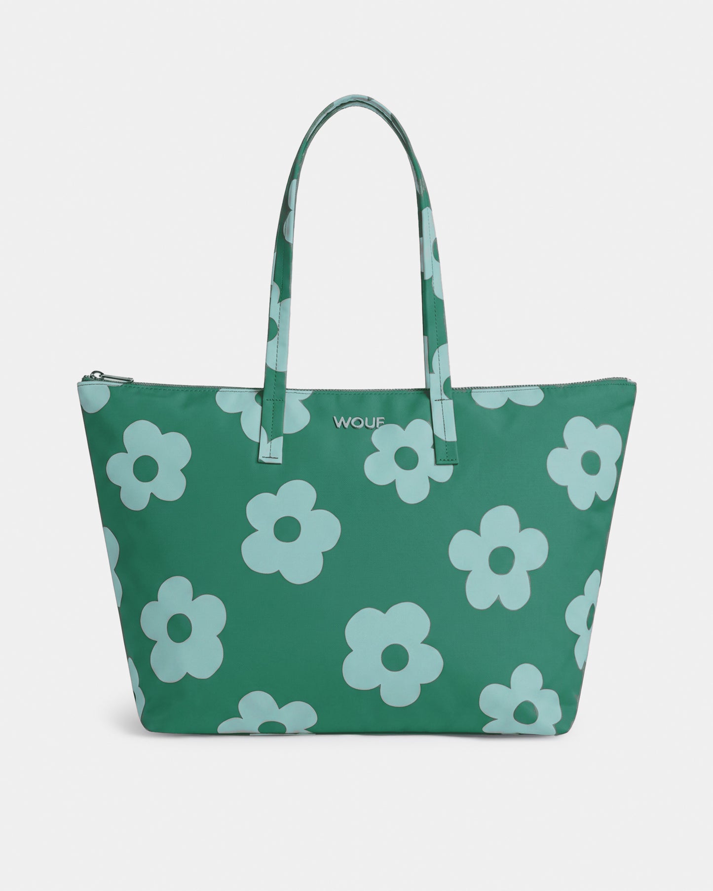 Shopper bag with mint blue daisy print on a green background - Wouf