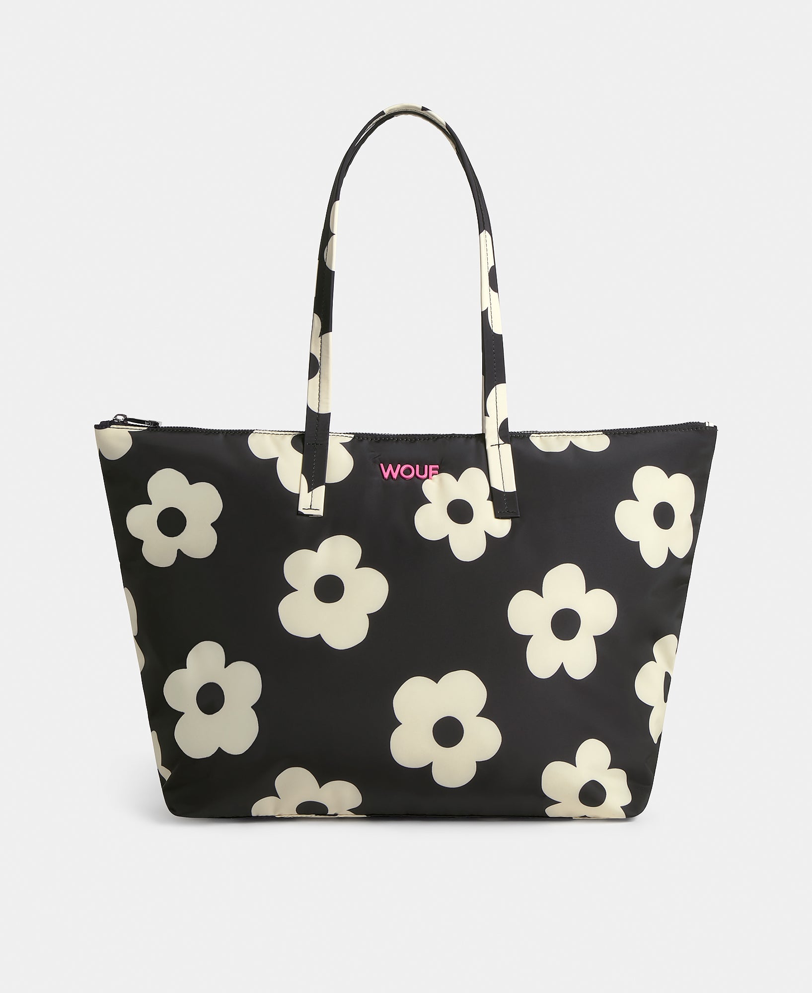 Shopper bag with white floral print on a black background - Wouf