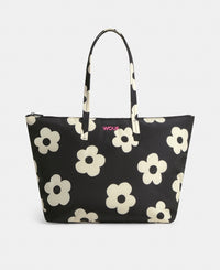 Shopper bag with white floral print on a black background - Wouf