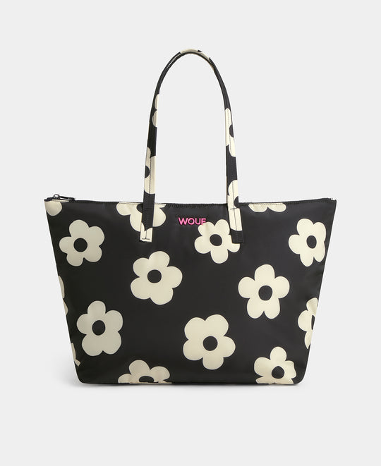 Bolso shopper con estampado floral blanco sobre fondo negro - Wouf