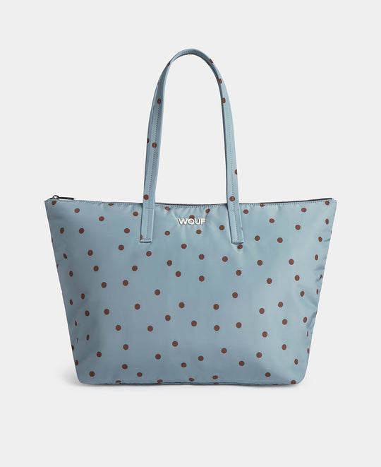 Sac shopper à pois marron sur fond bleu clair - Wouf