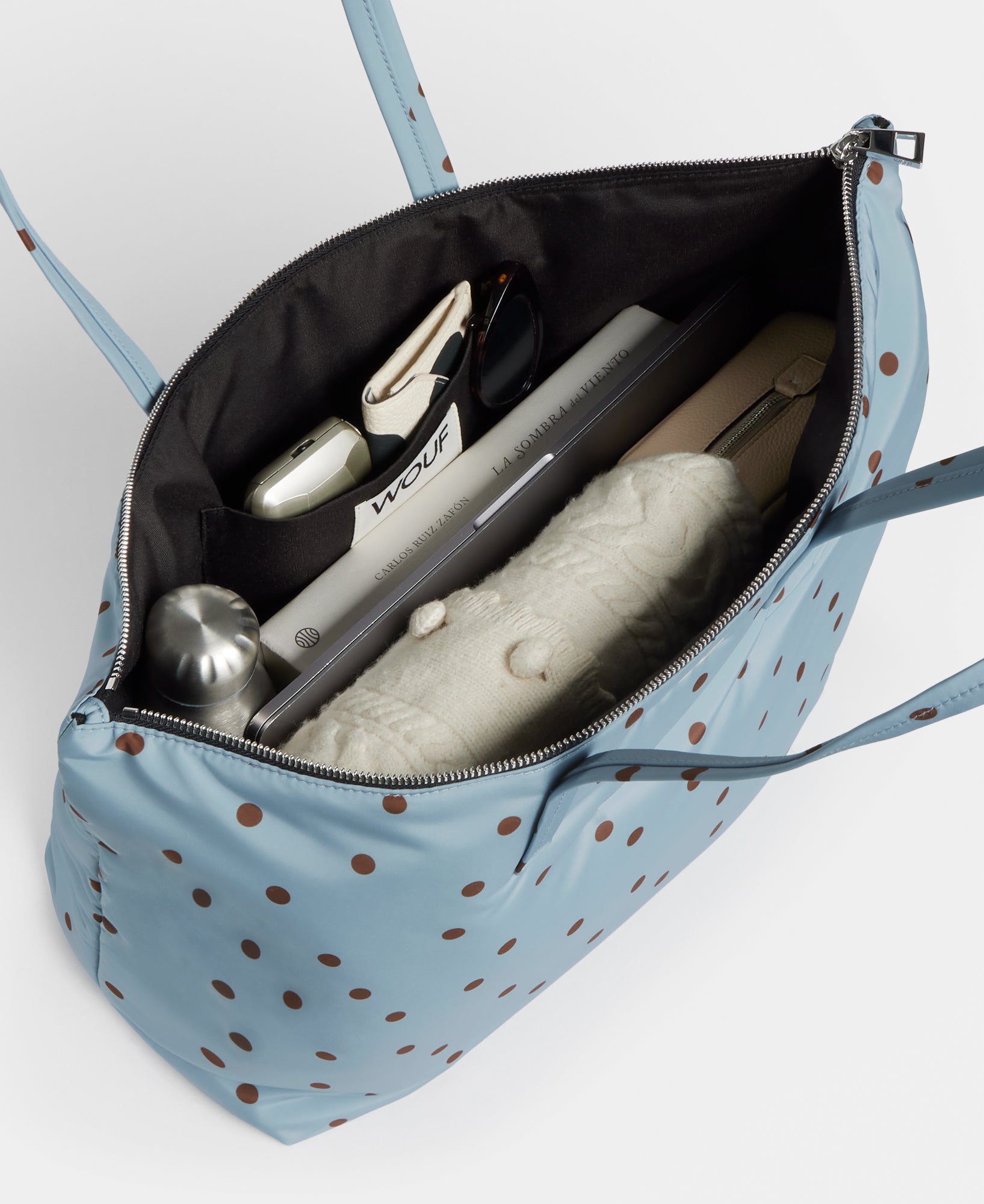 Interior of the shopper bag with brown polka dots on a light blue background - Wouf