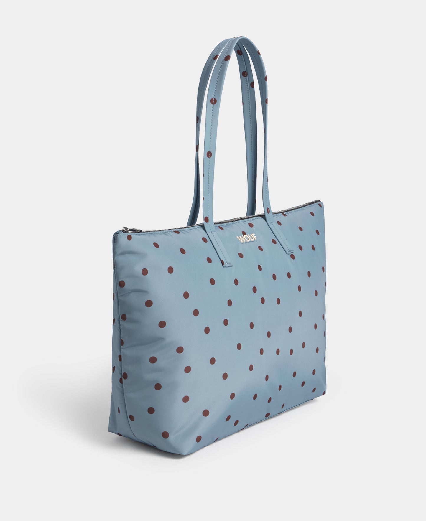 Side view of the shopper bag with brown polka dots on a light blue background - Wouf
