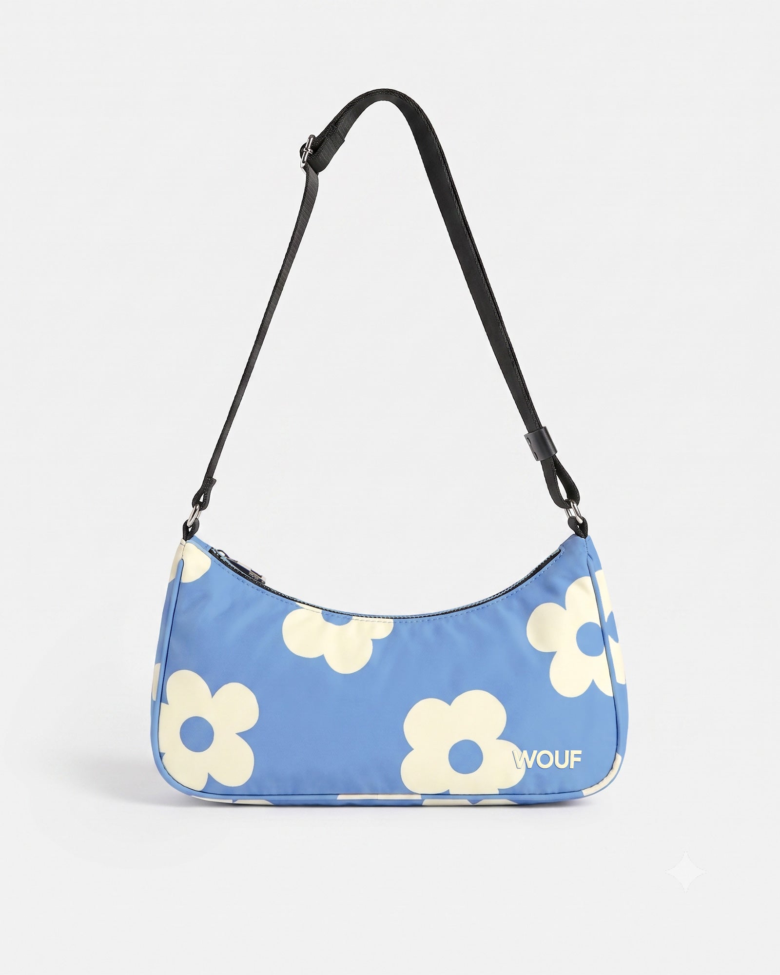 Shoulder bag with cream daisy print on a light blue background - Wouf