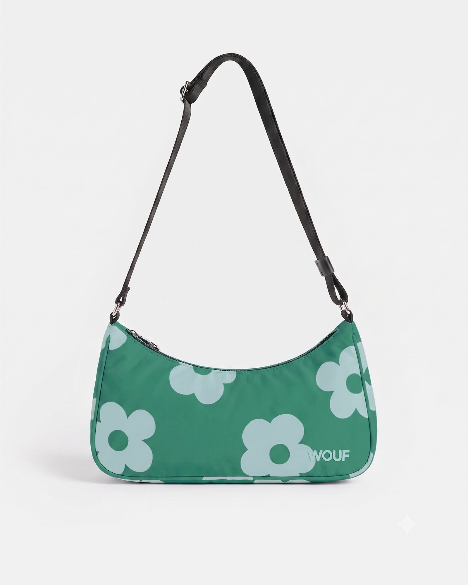 Shoulder bag with mint blue daisy print on a green background - Wouf