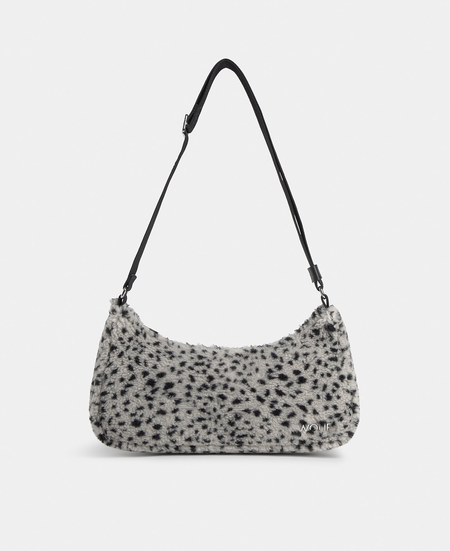 Crossbody bag in teddy fabric with black micro print on a grey background - Wouf