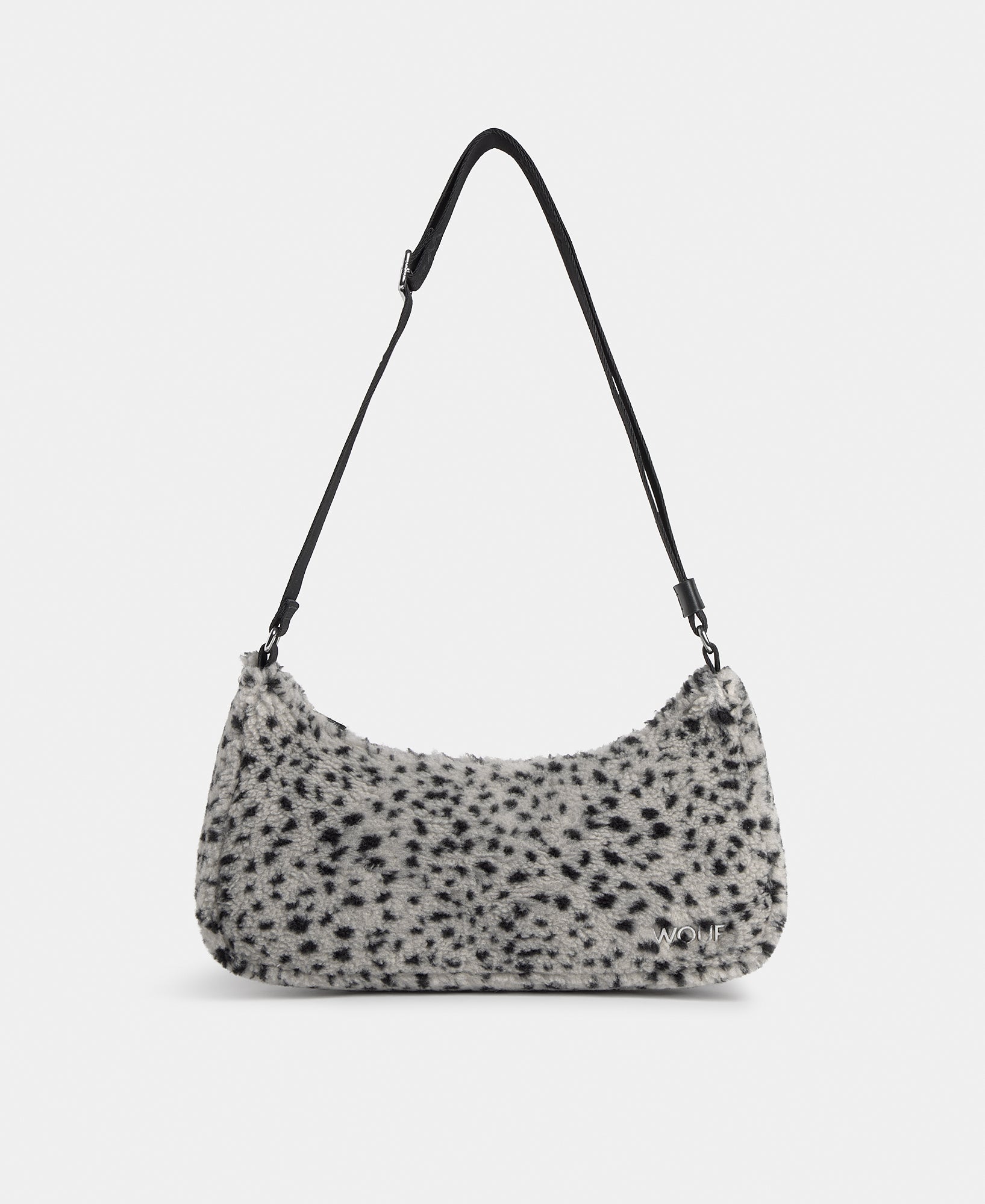 Crossbody bag in teddy fabric with black micro print on a grey background - Wouf