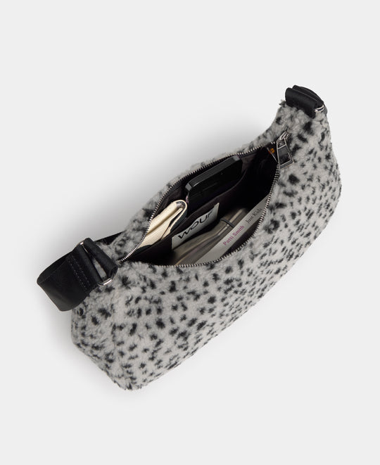 Intérieur du sac bandoulière en tissu teddy à micro imprimé noir sur fond gris - Wouf