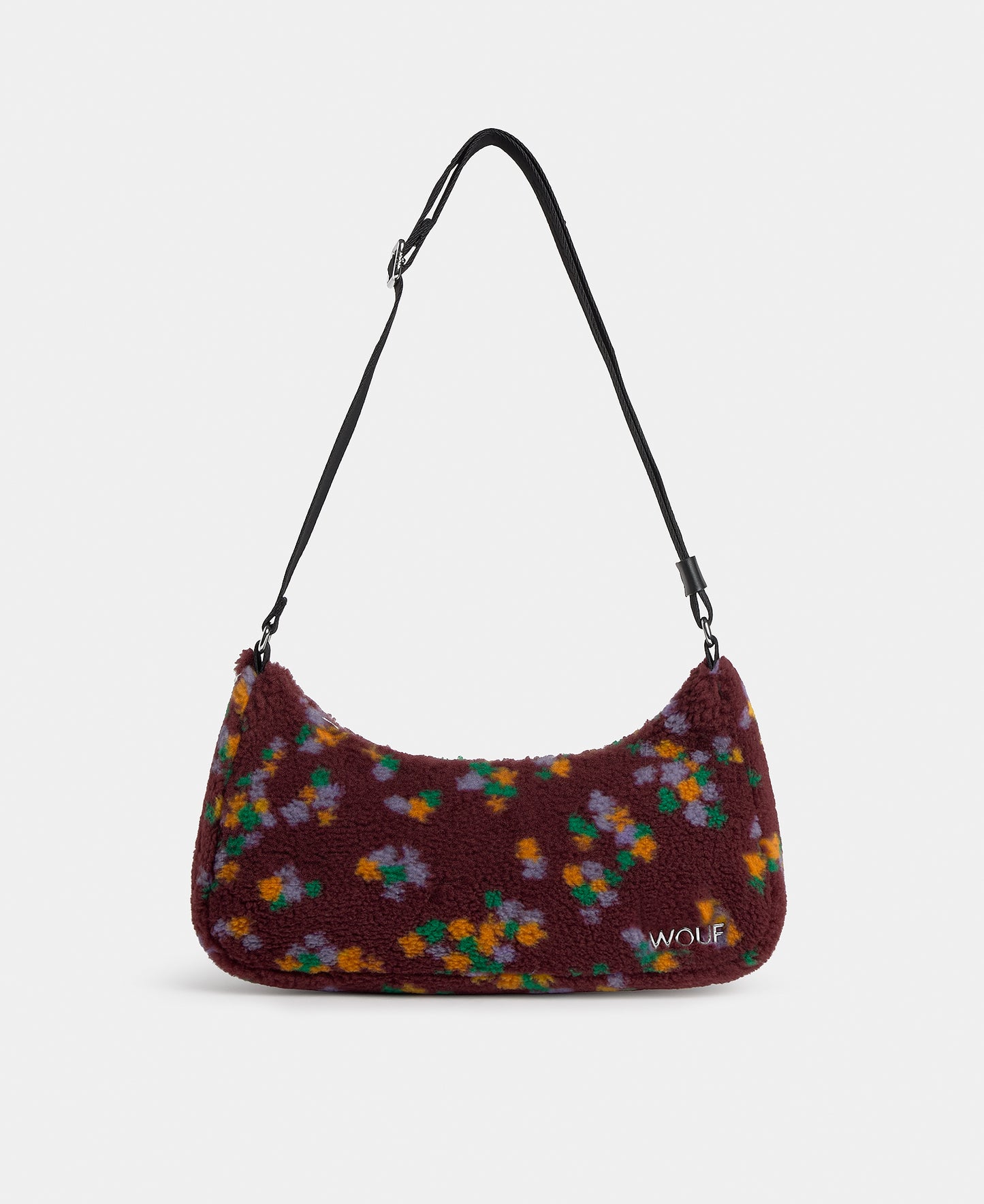 Crossbody bag in teddy fabric with multicolour floral print on a burgundy background - Wouf