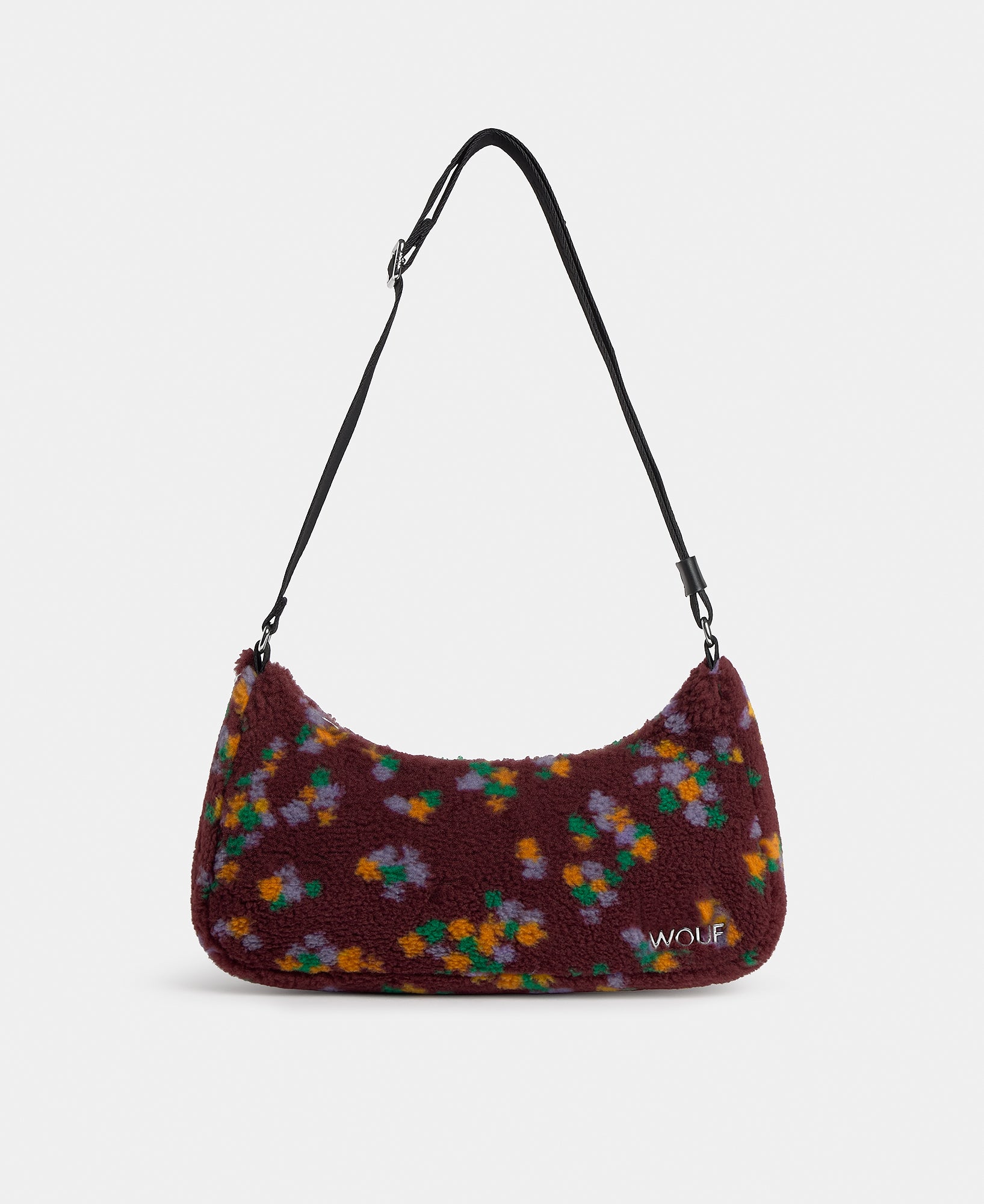 Crossbody bag in teddy fabric with multicolour floral print on a burgundy background - Wouf