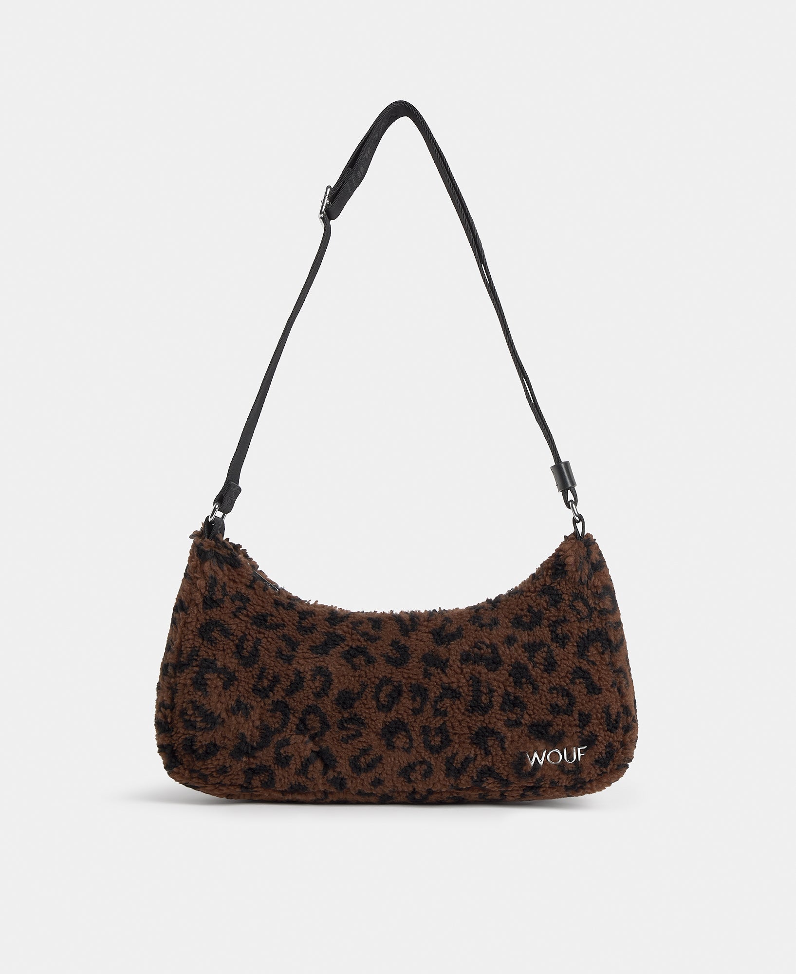 Crossbody bag in teddy fabric with leopard print in brown and black tones - Wouf