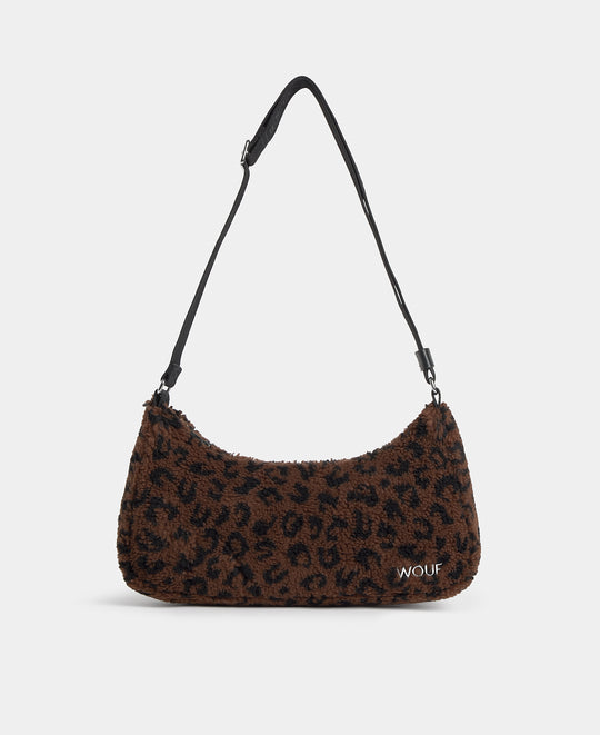 Sac bandoulière en tissu teddy à imprimé léopard dans des tons marron et noir - Wouf