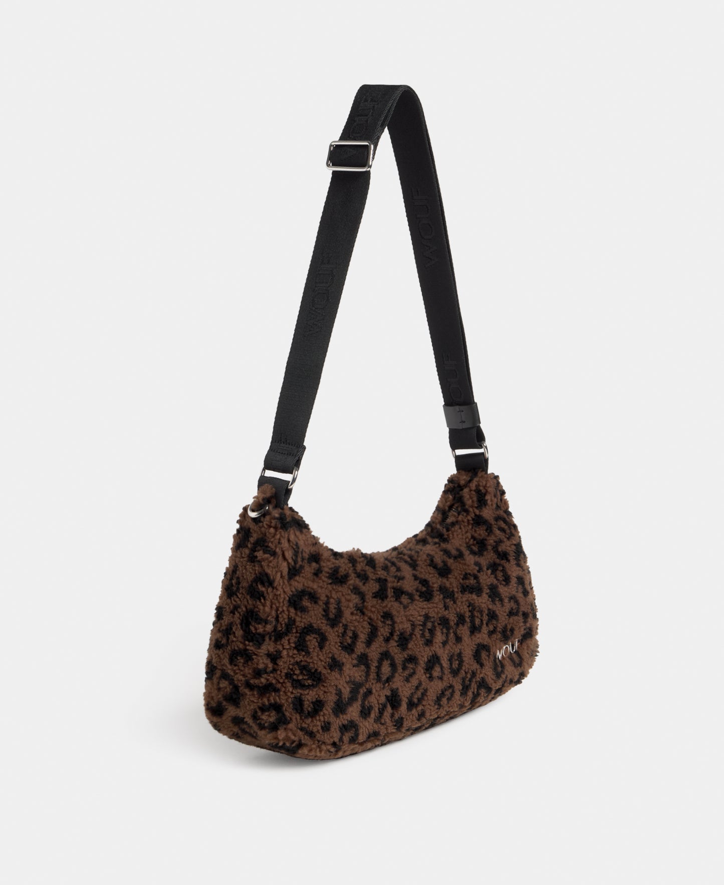 Side view of the crossbody bag in teddy fabric with leopard print in brown and black tones - Wouf