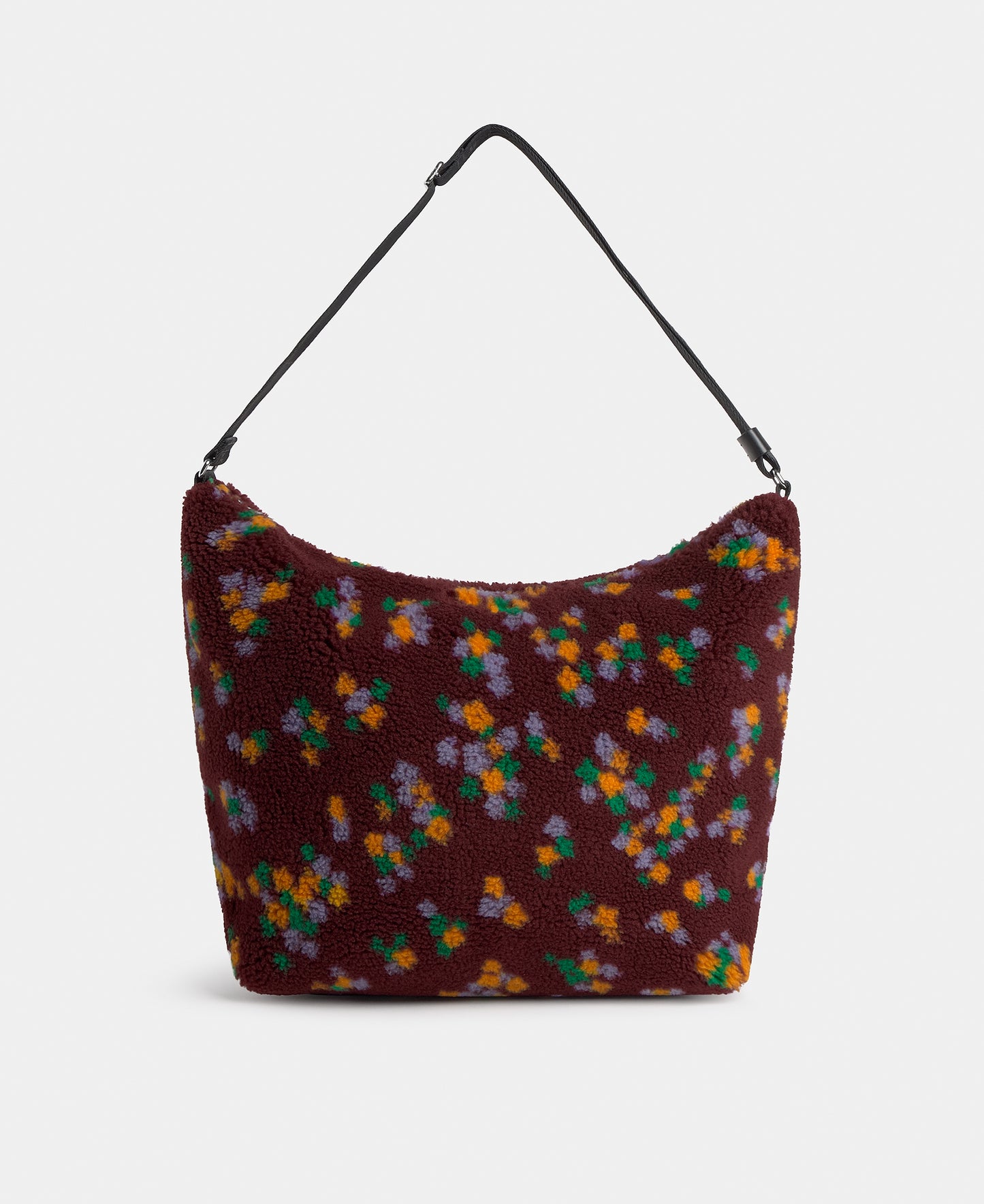 Hobo bag in teddy fabric with multicolour floral print on a burgundy background - Wouf