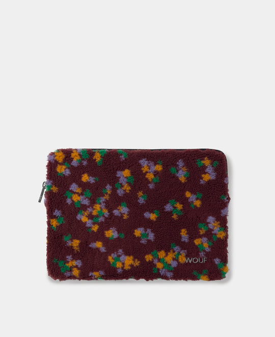 Funda para portátil 13-14 de tejido teddy con estampado floral multicolor sobre fondo burdeos - Wouf