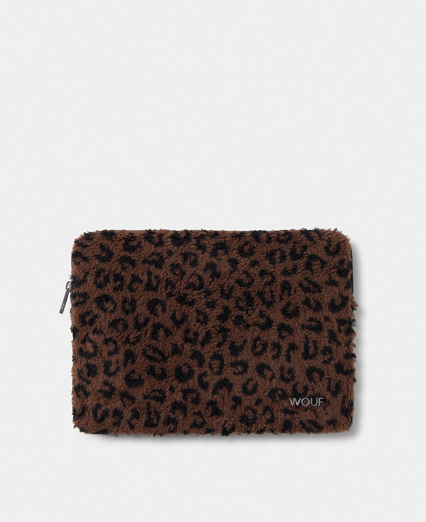 Funda para portátil 13-14 de tejido teddy con estampado de leopardo en tonos marrones y negros - Wouf