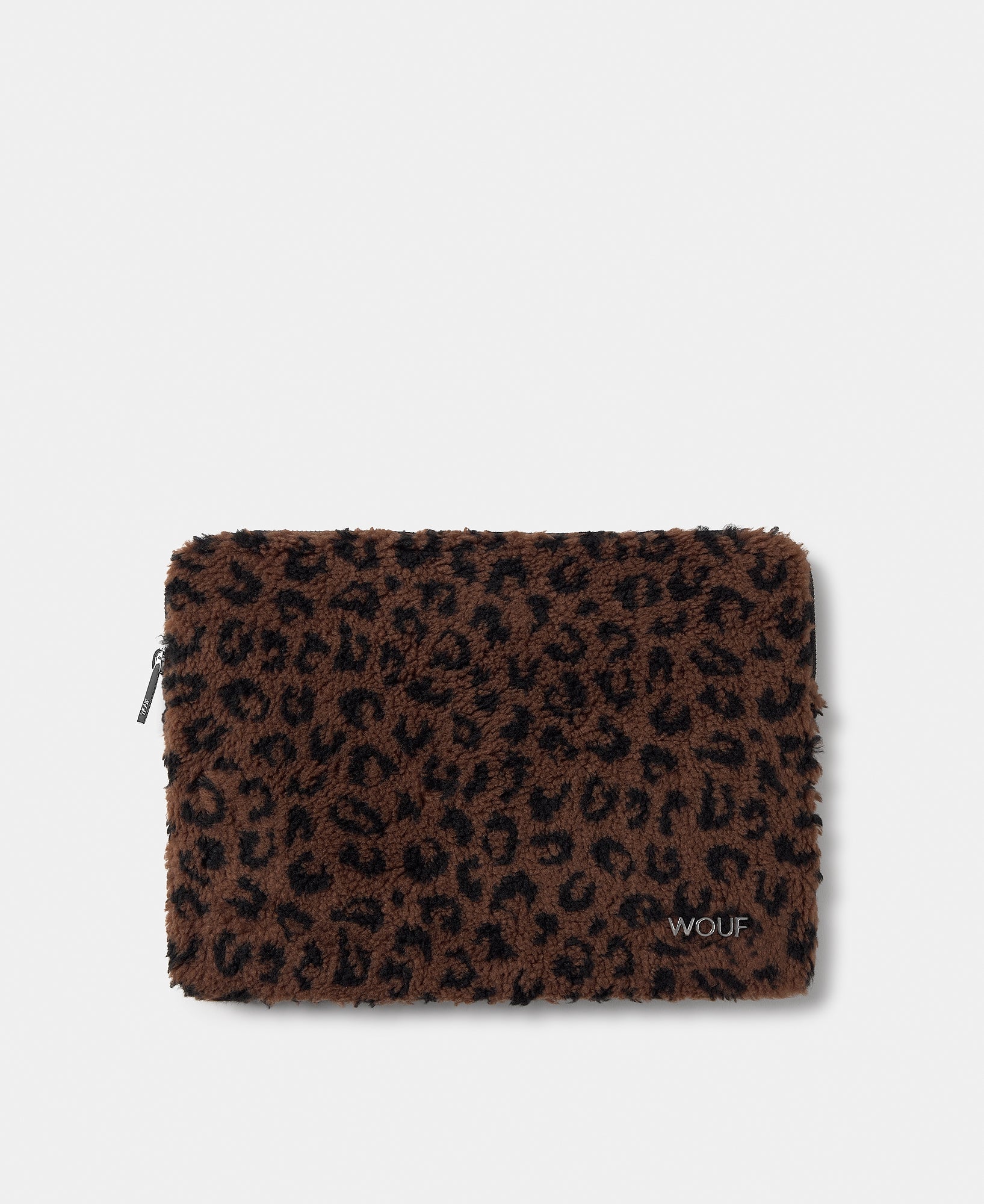 Funda para portátil 13-14 de tejido teddy con estampado de leopardo en tonos marrones y negros - Wouf