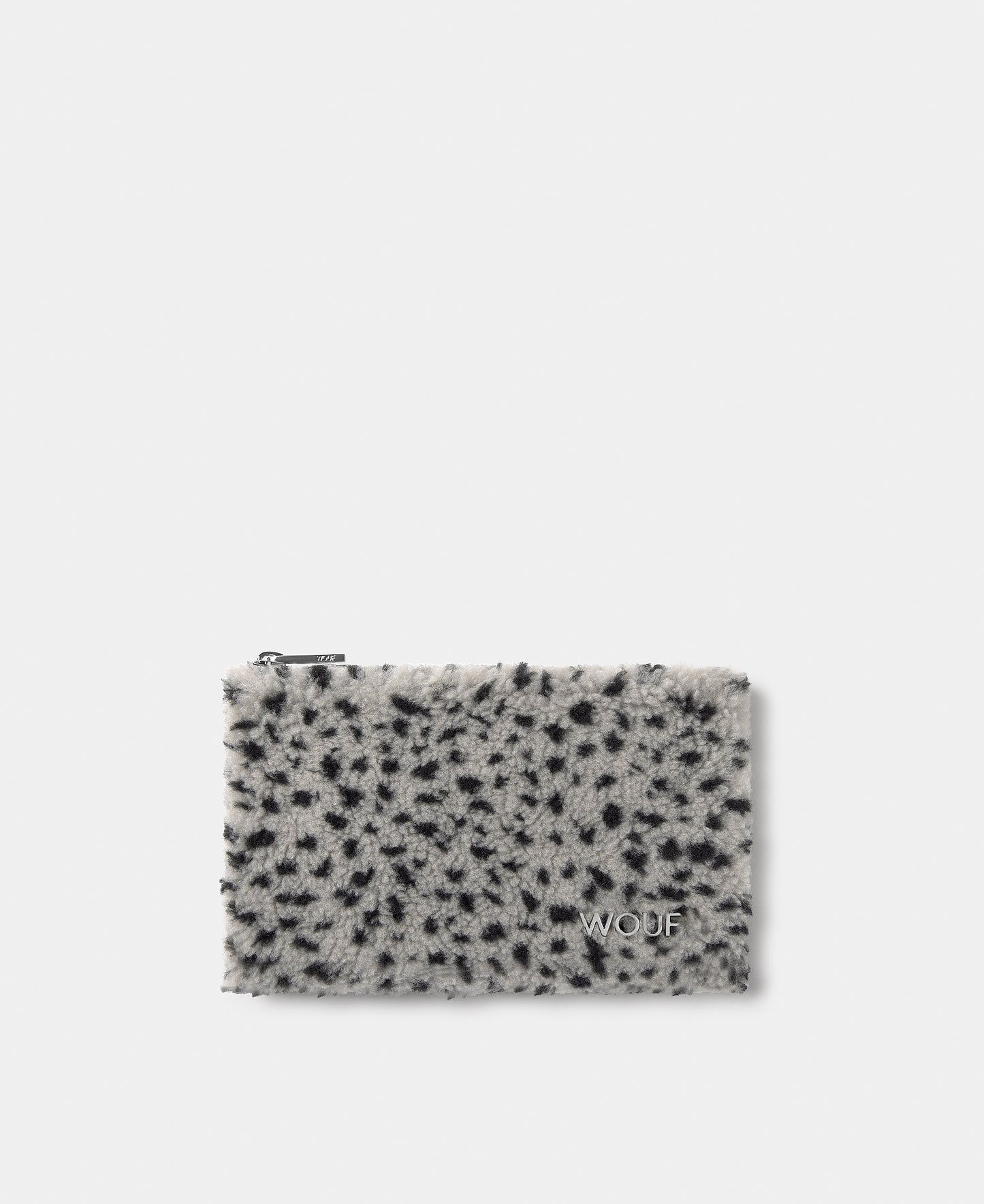 Pouch de tejido teddy con micro estampado negro sobre fondo gris - Wouf