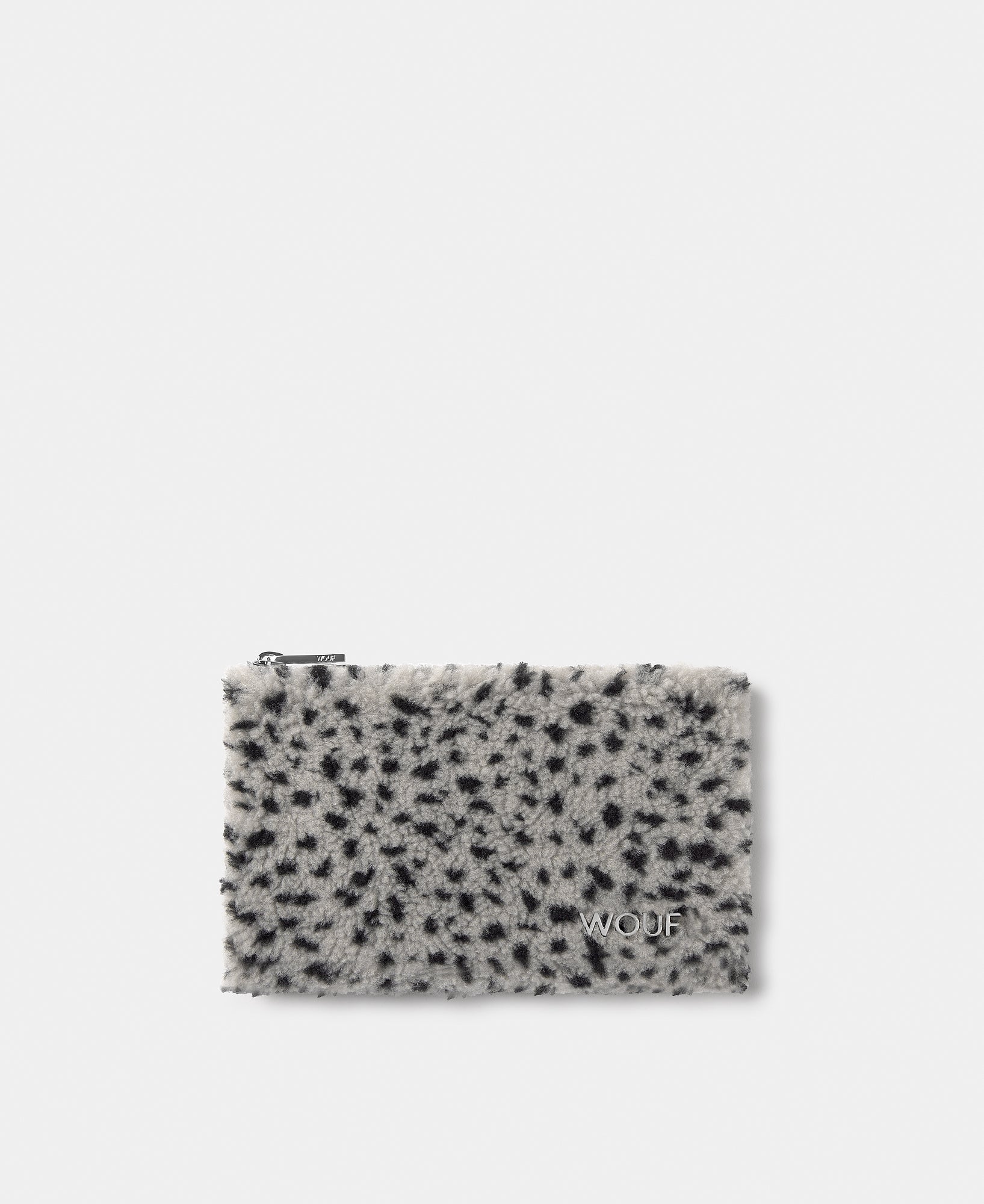 Pouch de tejido teddy con micro estampado negro sobre fondo gris - Wouf