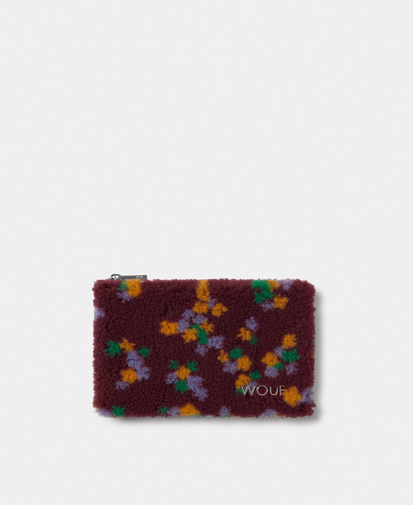Pouch de tejido teddy con estampado floral multicolor sobre fondo burdeos - Wouf