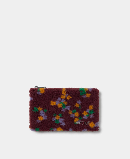 Pouch in teddy fabric with multicolour floral print on a burgundy background - Wouf