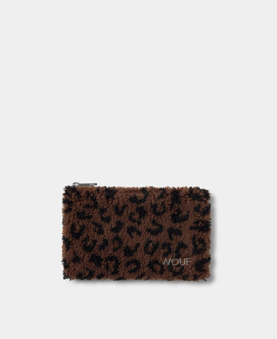 Pochette en tissu teddy à imprimé léopard dans des tons marron et noir - Wouf