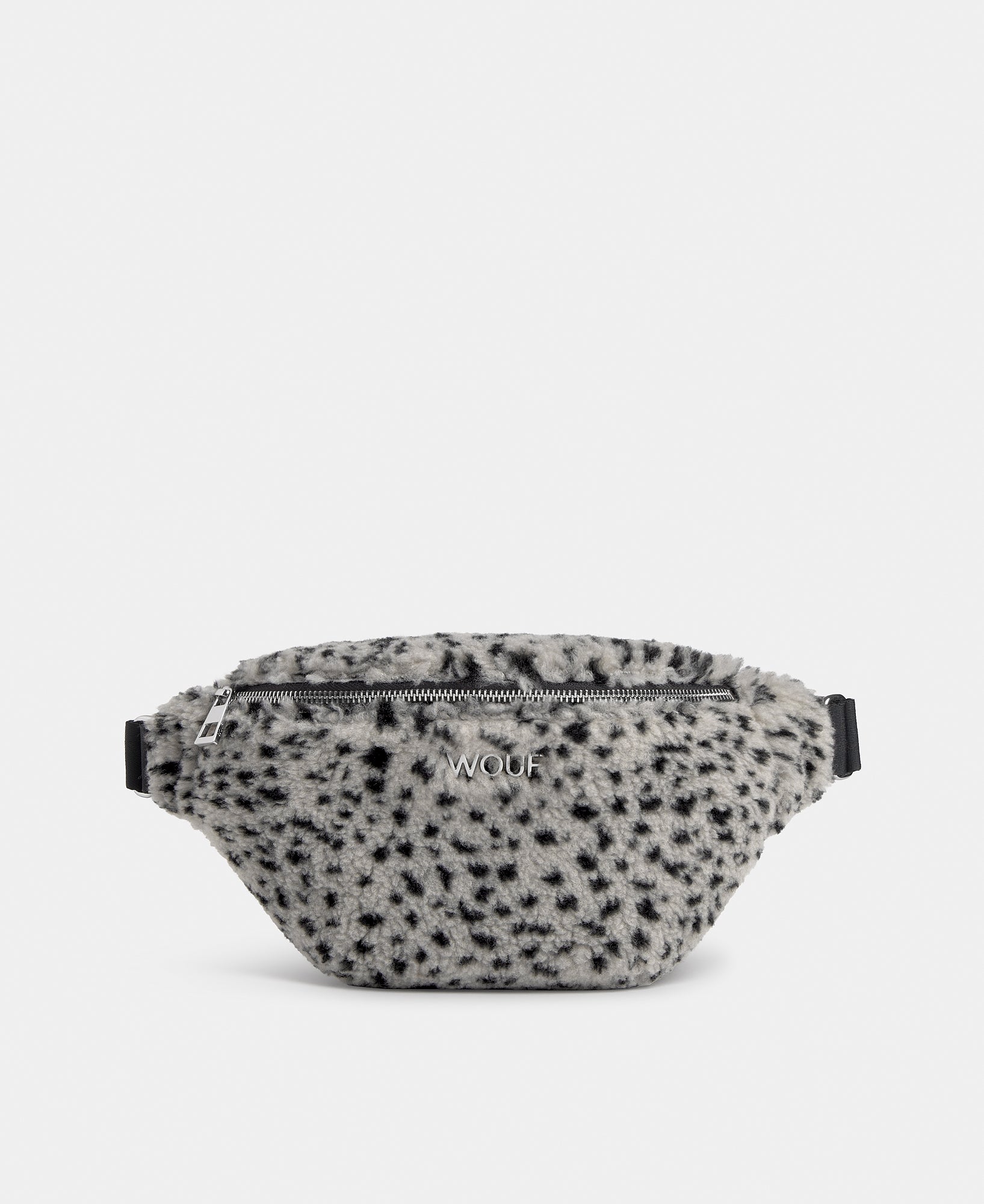 Banane en tissu teddy à micro imprimé noir sur fond gris - Wouf