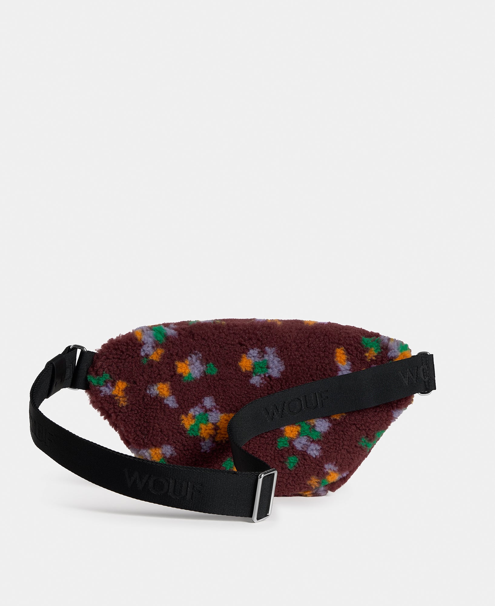 Interior of the waistbag in teddy fabric with multicolour floral print on a burgundy background - Wouf