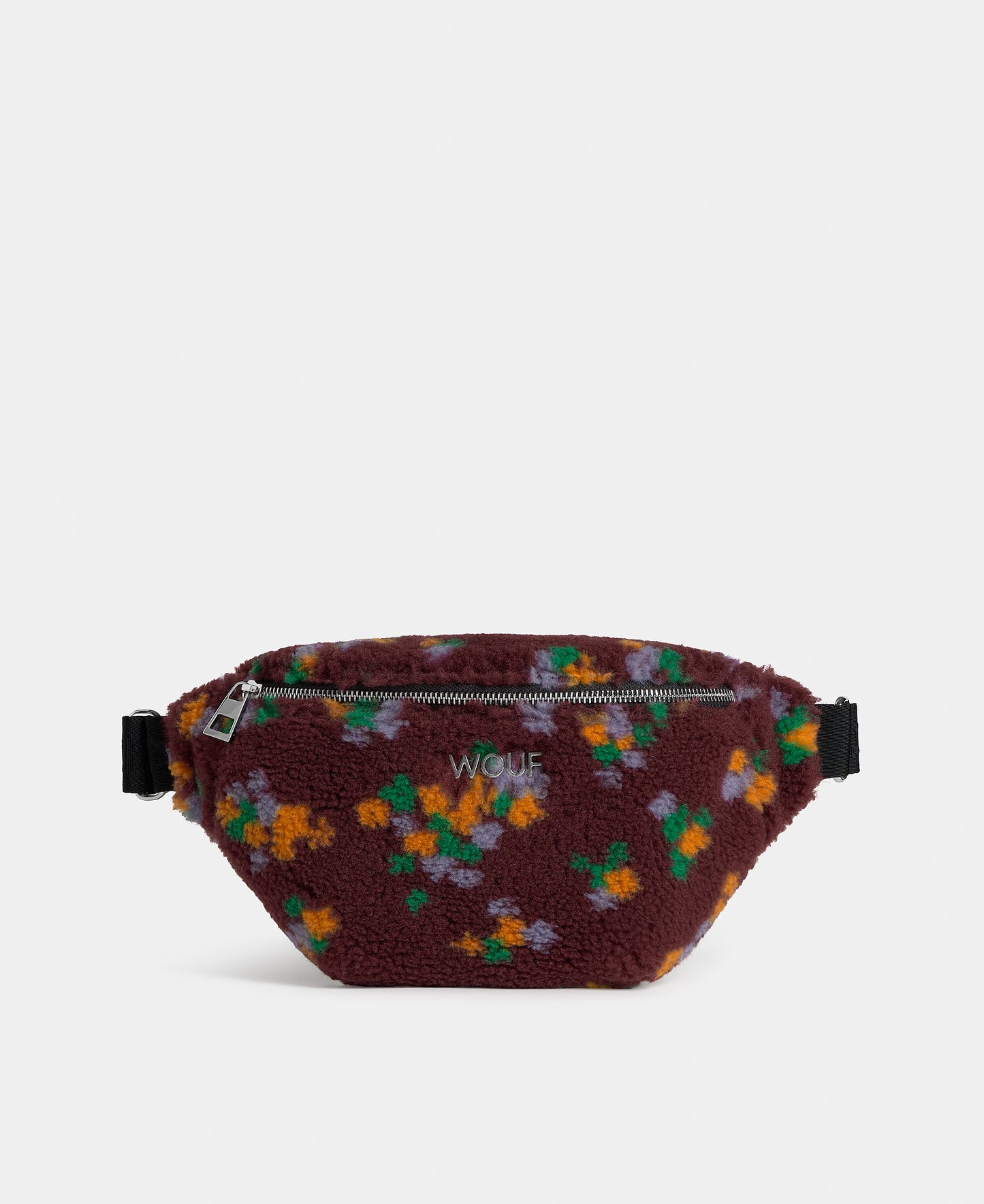 Waistbag in teddy fabric with multicolour floral print on a burgundy background - Wouf