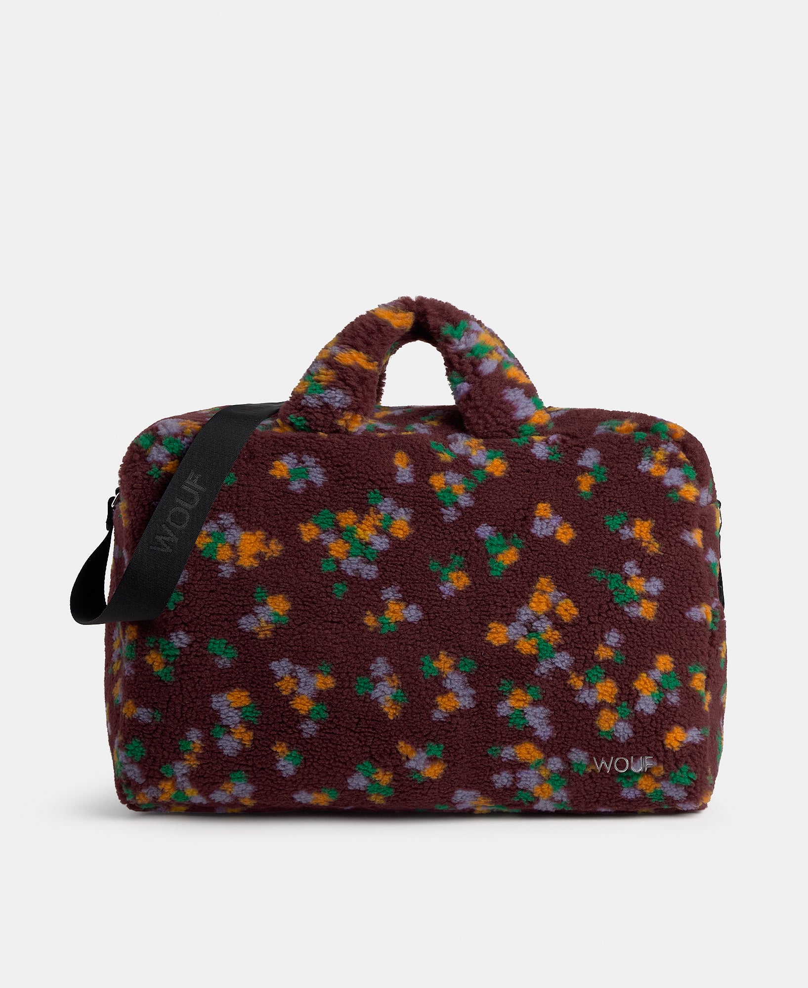 Weekend bag in teddy fabric with multicolour floral print on a burgundy background - Wouf